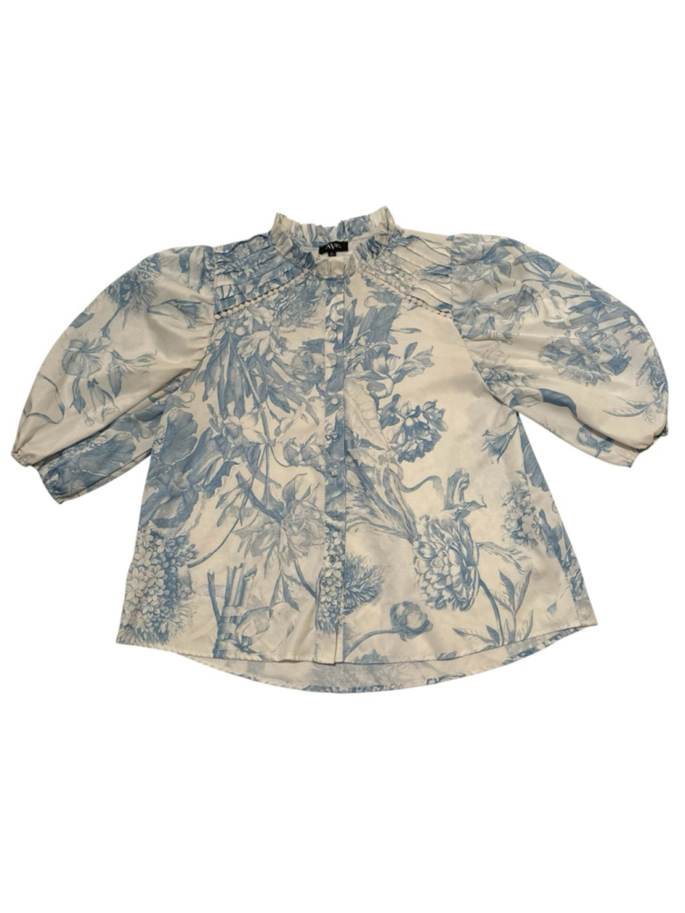 AVE Linen Floral Blouse Womens XL Ruffle Collar Covered Buttons Balloon Sleeves - Picture 3 of 17